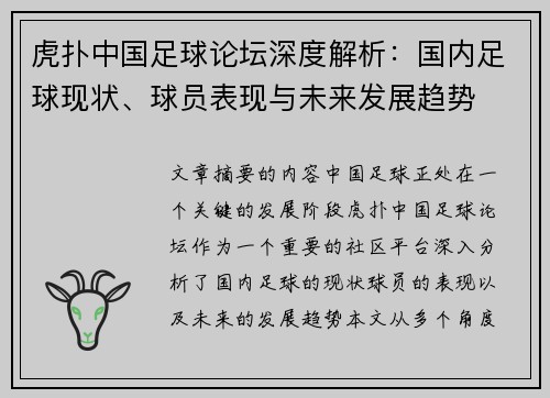 虎扑中国足球论坛深度解析：国内足球现状、球员表现与未来发展趋势