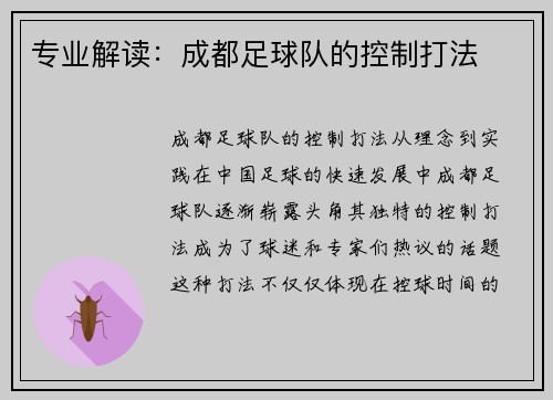 专业解读：成都足球队的控制打法