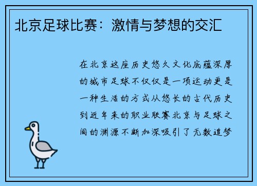 北京足球比赛：激情与梦想的交汇