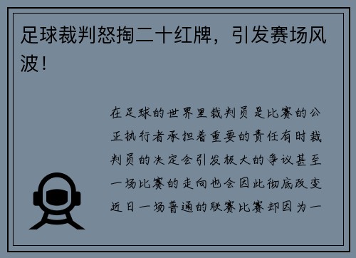 足球裁判怒掏二十红牌，引发赛场风波！