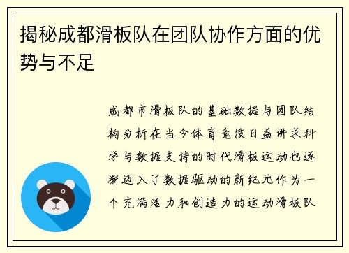 揭秘成都滑板队在团队协作方面的优势与不足
