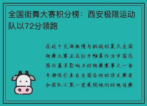 全国街舞大赛积分榜：西安极限运动队以72分领跑