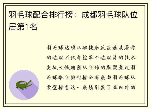 羽毛球配合排行榜：成都羽毛球队位居第1名