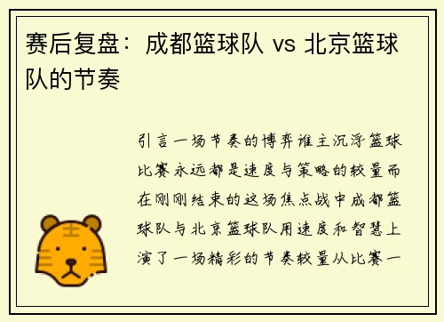 赛后复盘：成都篮球队 vs 北京篮球队的节奏