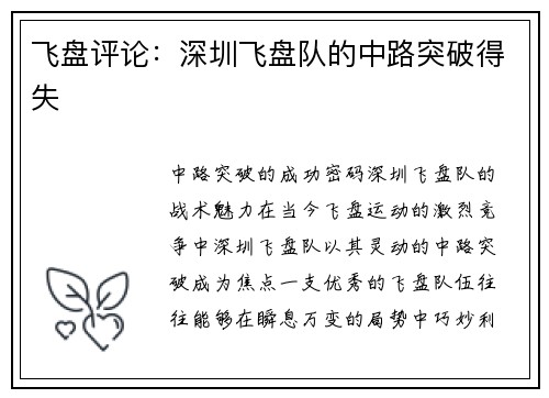 飞盘评论：深圳飞盘队的中路突破得失